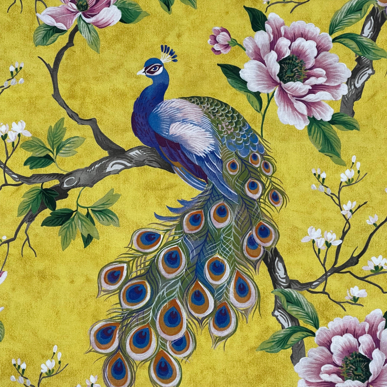 Peacock and Magnolia Tree Cotton Fabric – Green & Yellow Home Décor, Curtains, Blinds and Upholstery