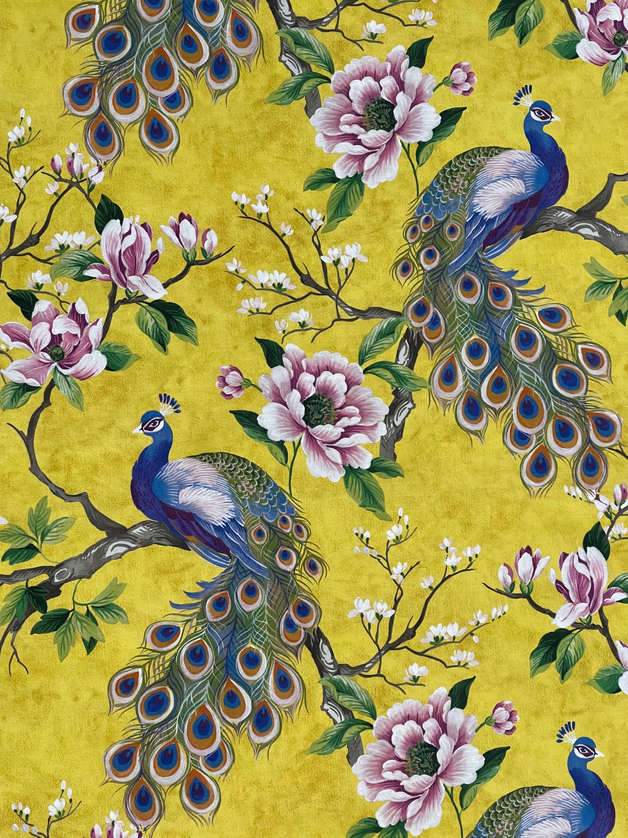 Peacock and Magnolia Tree Cotton Fabric – Green & Yellow Home Décor, Curtains, Blinds and Upholstery