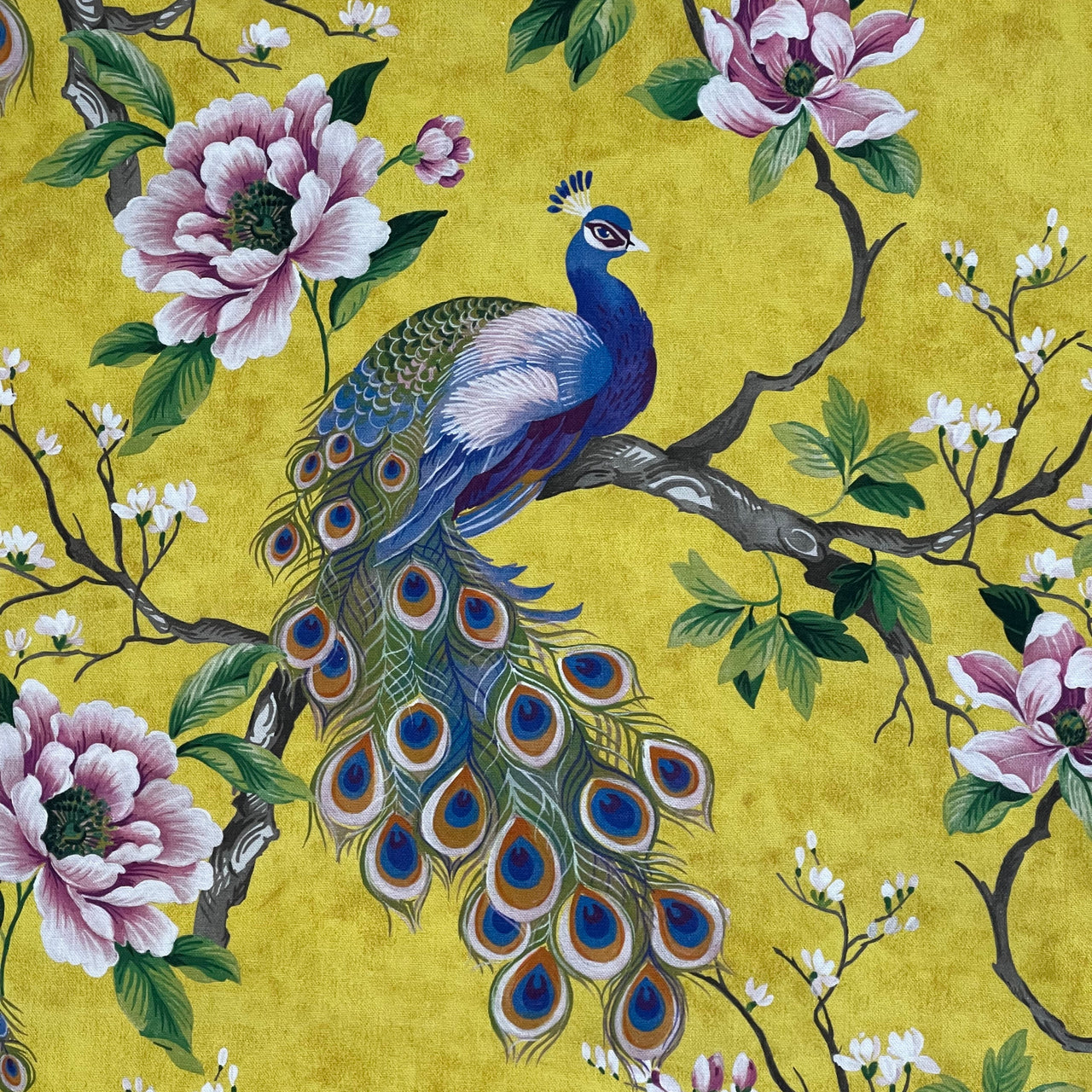 Peacock and Magnolia Tree Cotton Fabric – Green & Yellow Home Décor, Curtains, Blinds and Upholstery