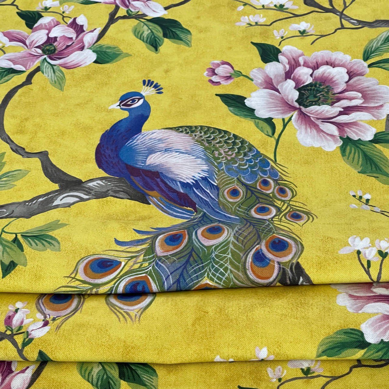 Peacock and Magnolia Tree Cotton Fabric – Green & Yellow Home Décor, Curtains, Blinds and Upholstery