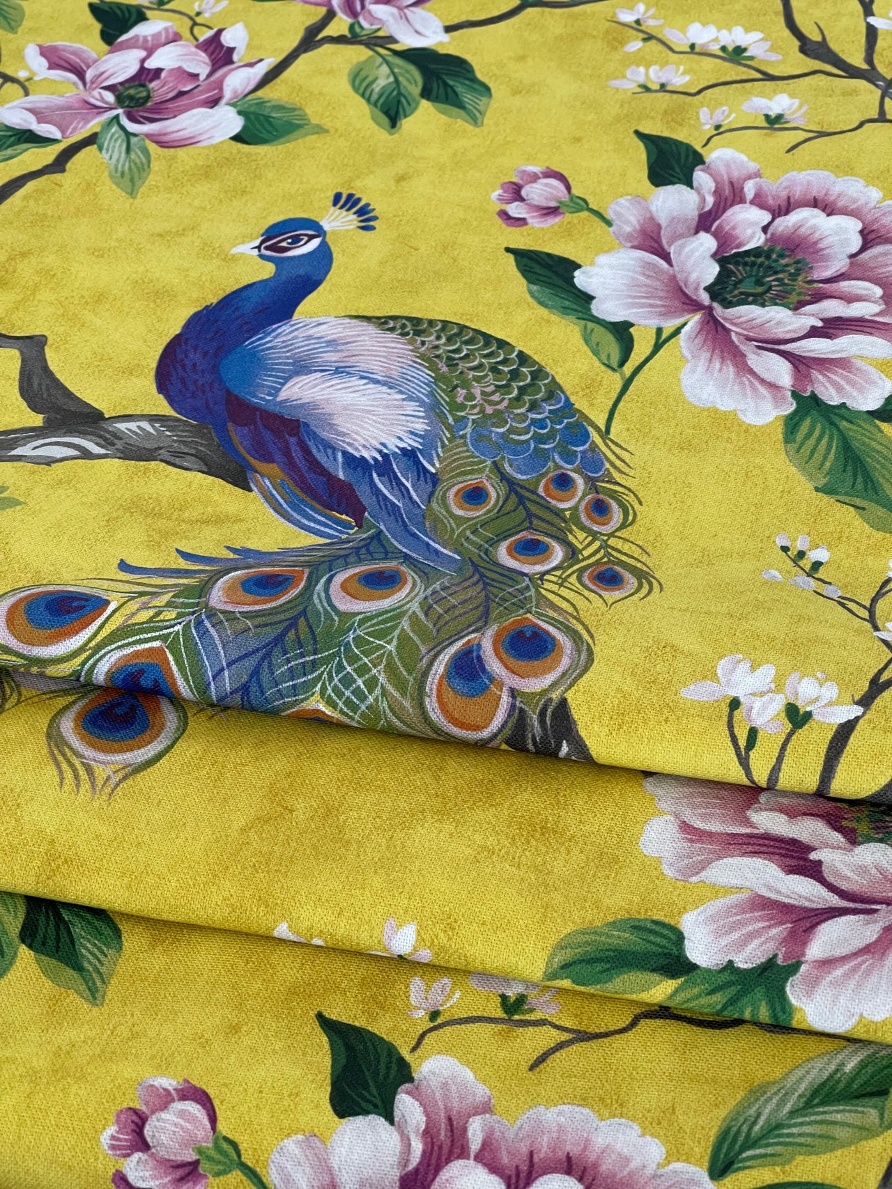 Peacock and Magnolia Tree Cotton Fabric – Green & Yellow Home Décor, Curtains, Blinds and Upholstery