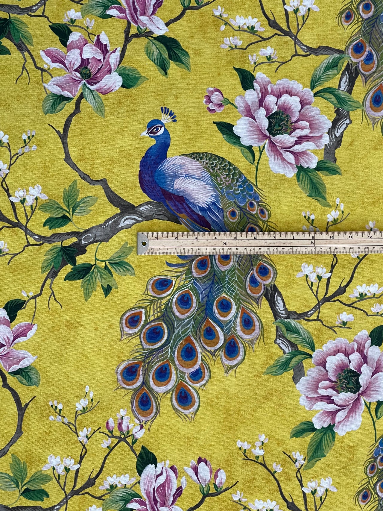 Peacock and Magnolia Tree Cotton Fabric – Green & Yellow Home Décor, Curtains, Blinds and Upholstery