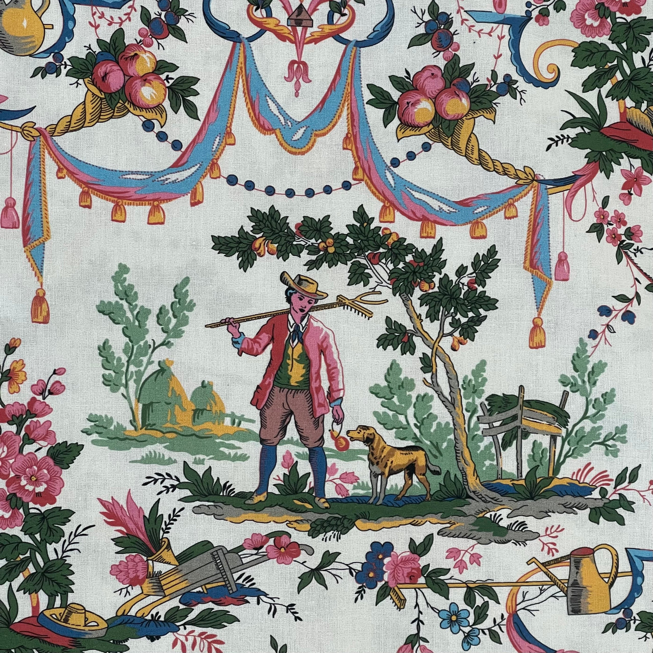 Classic French Toile de Jouy Fabric Mountain and Nature Lovers, Shepherds, Birds, Flowers, Fruit and Trees