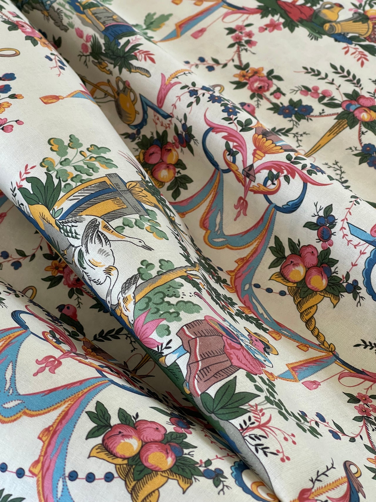 Classic French Toile de Jouy Fabric Mountain and Nature Lovers, Shepherds, Birds, Flowers, Fruit and Trees