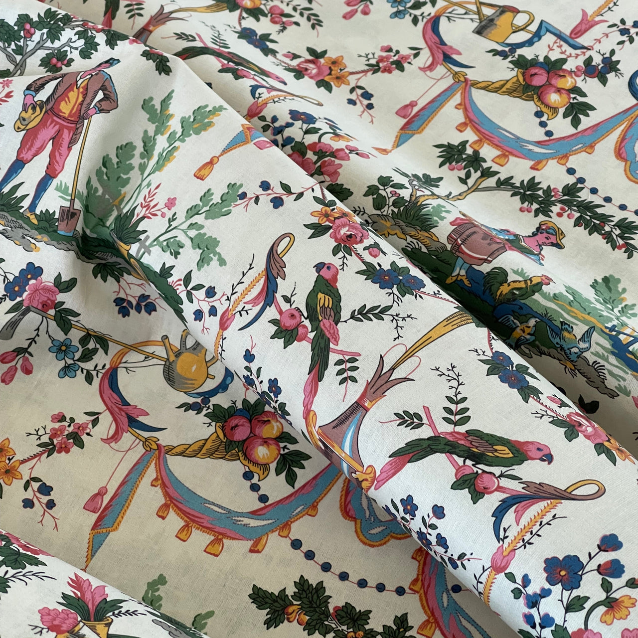 Classic French Toile de Jouy Fabric Mountain and Nature Lovers, Shepherds, Birds, Flowers, Fruit and Trees