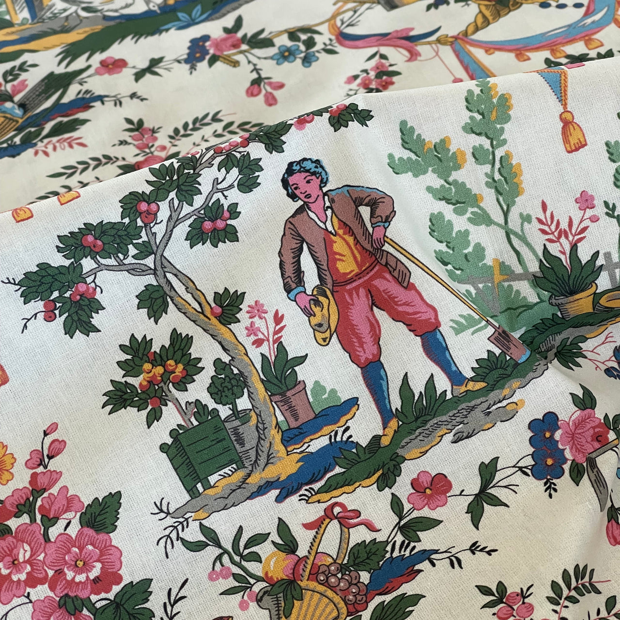 Classic French Toile de Jouy Fabric Mountain and Nature Lovers, Shepherds, Birds, Flowers, Fruit and Trees