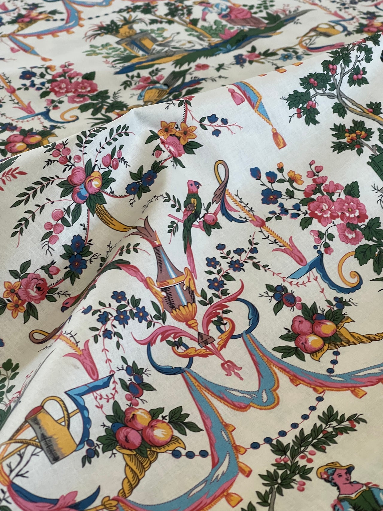 Classic French Toile de Jouy Fabric Mountain and Nature Lovers, Shepherds, Birds, Flowers, Fruit and Trees