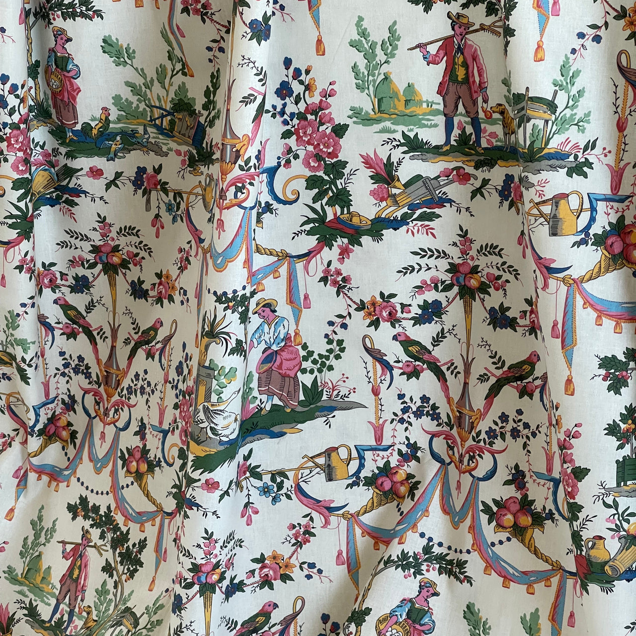 Classic French Toile de Jouy Fabric Mountain and Nature Lovers, Shepherds, Birds, Flowers, Fruit and Trees