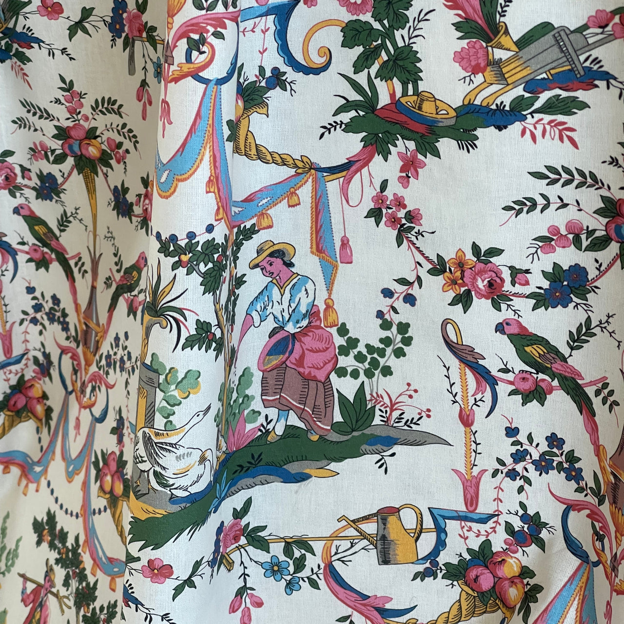 Classic French Toile de Jouy Fabric Mountain and Nature Lovers, Shepherds, Birds, Flowers, Fruit and Trees