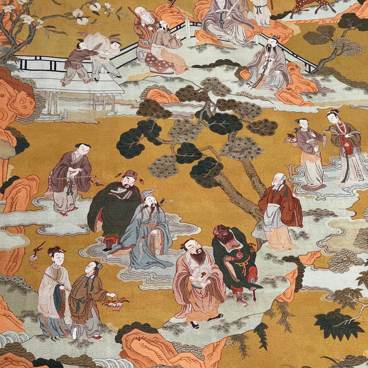 Oriental Toile Home Décor Fabric – Vintage Chinese Village & Trees in Yellow