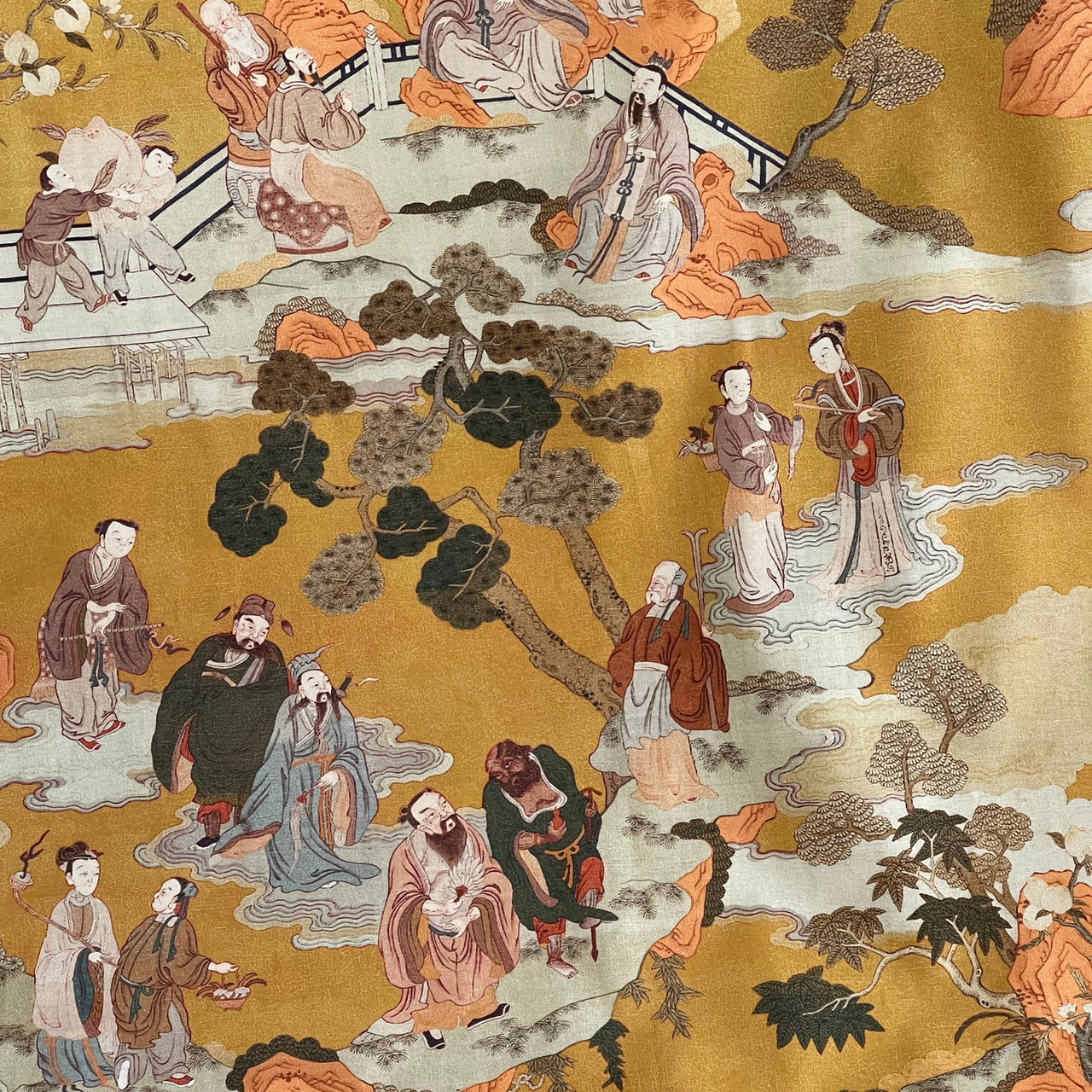 Oriental Toile Home Décor Fabric – Vintage Chinese Village & Trees in Yellow