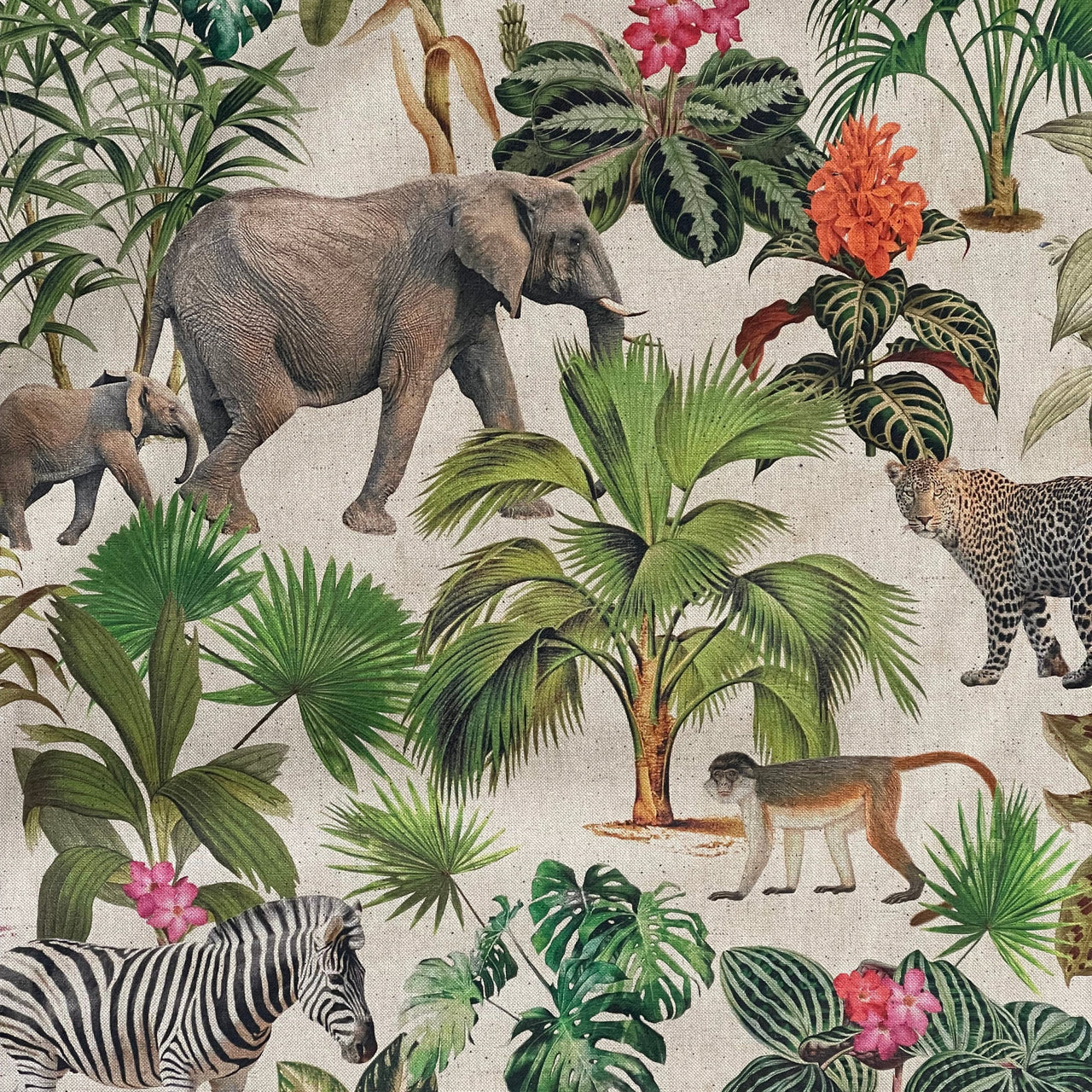 Botanical Jungle Fabric – Grey Linen Look with Safari Animals & Green Palm Trees Zambezi Design