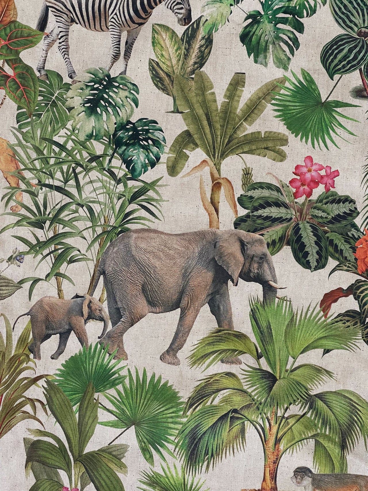 Botanical Jungle Fabric – Grey Linen Look with Safari Animals & Green Palm Trees Zambezi Design