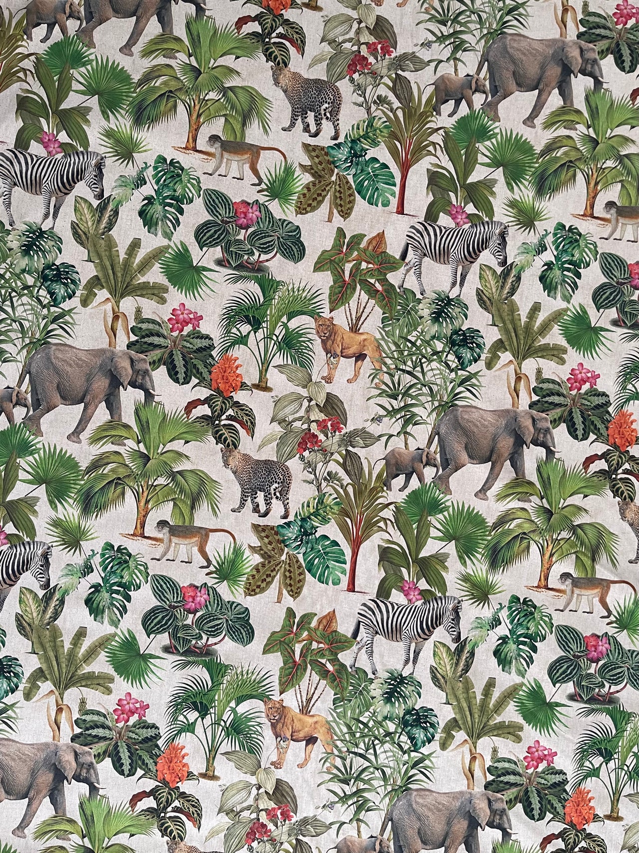 Botanical Jungle Fabric – Grey Linen Look with Safari Animals & Green Palm Trees Zambezi Design