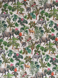 Thumbnail for Botanical Jungle Fabric – Grey Linen Look with Safari Animals & Green Palm Trees Zambezi Design