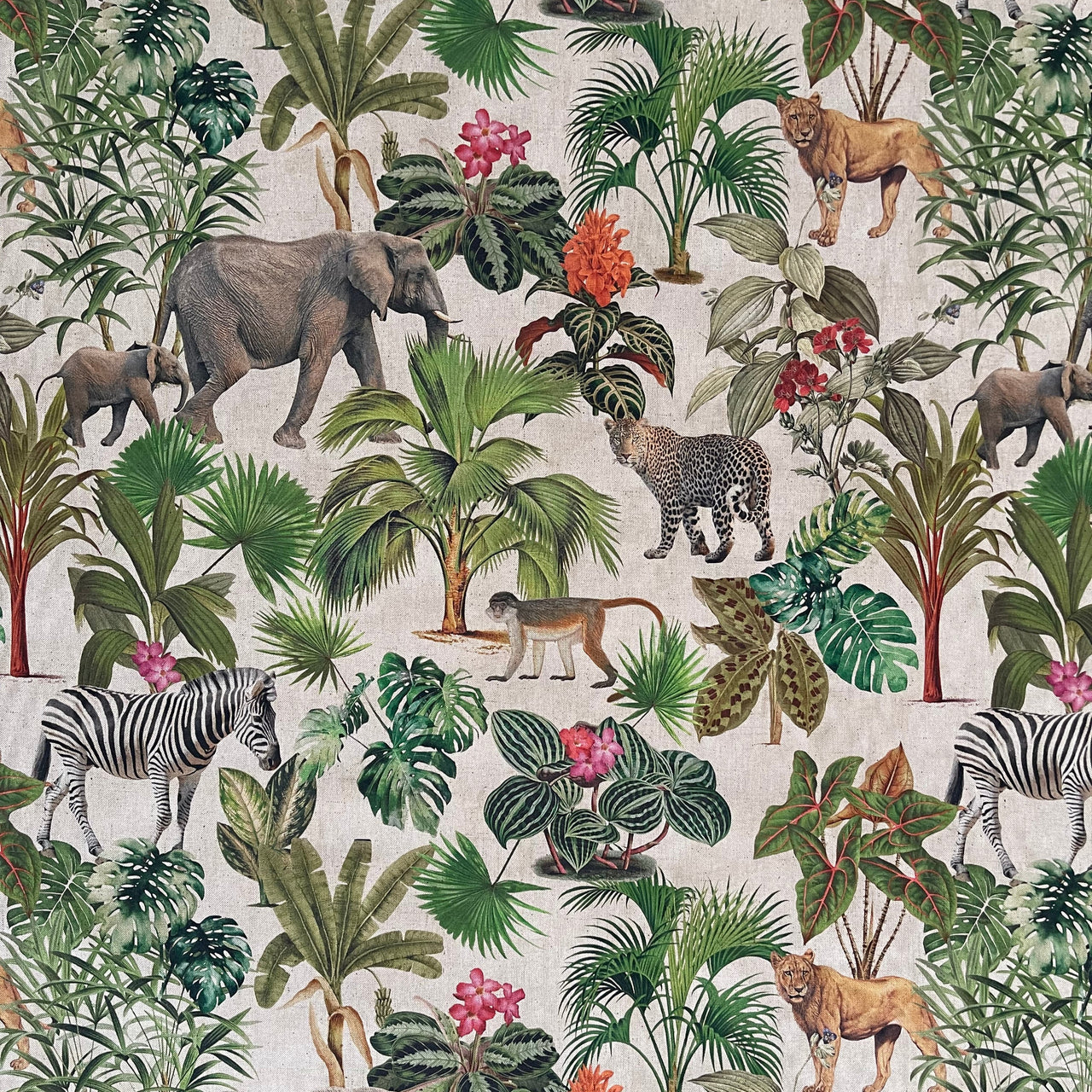 Botanical Jungle Fabric – Grey Linen Look with Safari Animals & Green Palm Trees Zambezi Design