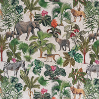 Thumbnail for Botanical Jungle Fabric – Grey Linen Look with Safari Animals & Green Palm Trees Zambezi Design