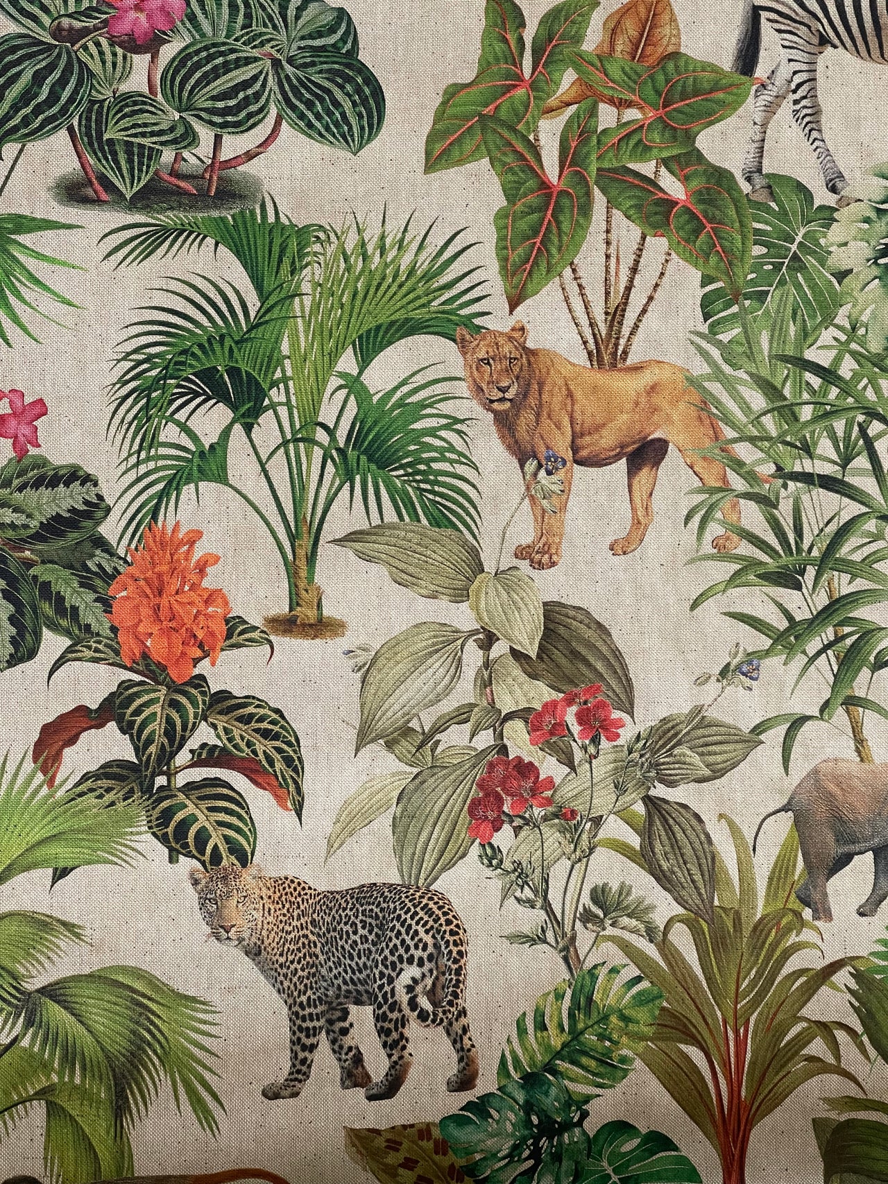 Botanical Jungle Fabric – Grey Linen Look with Safari Animals & Green Palm Trees Zambezi Design