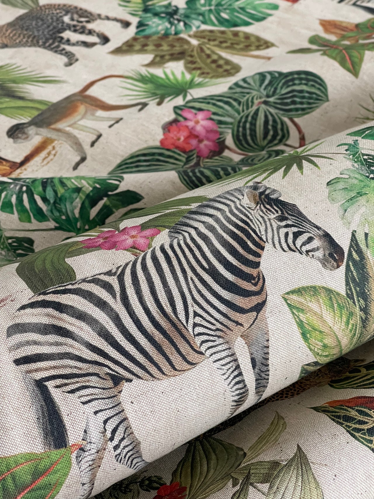 Botanical Jungle Fabric – Grey Linen Look with Safari Animals & Green Palm Trees Zambezi Design