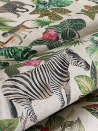 Thumbnail for Botanical Jungle Fabric – Grey Linen Look with Safari Animals & Green Palm Trees Zambezi Design