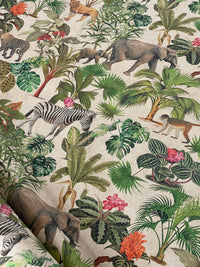 Thumbnail for Botanical Jungle Fabric – Grey Linen Look with Safari Animals & Green Palm Trees Zambezi Design