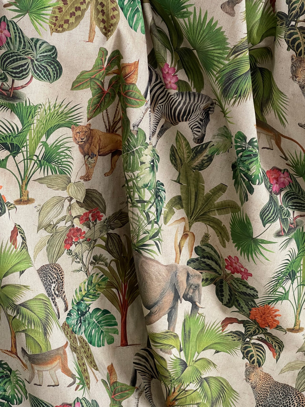 Botanical Jungle Fabric – Grey Linen Look with Safari Animals & Green Palm Trees Zambezi Design