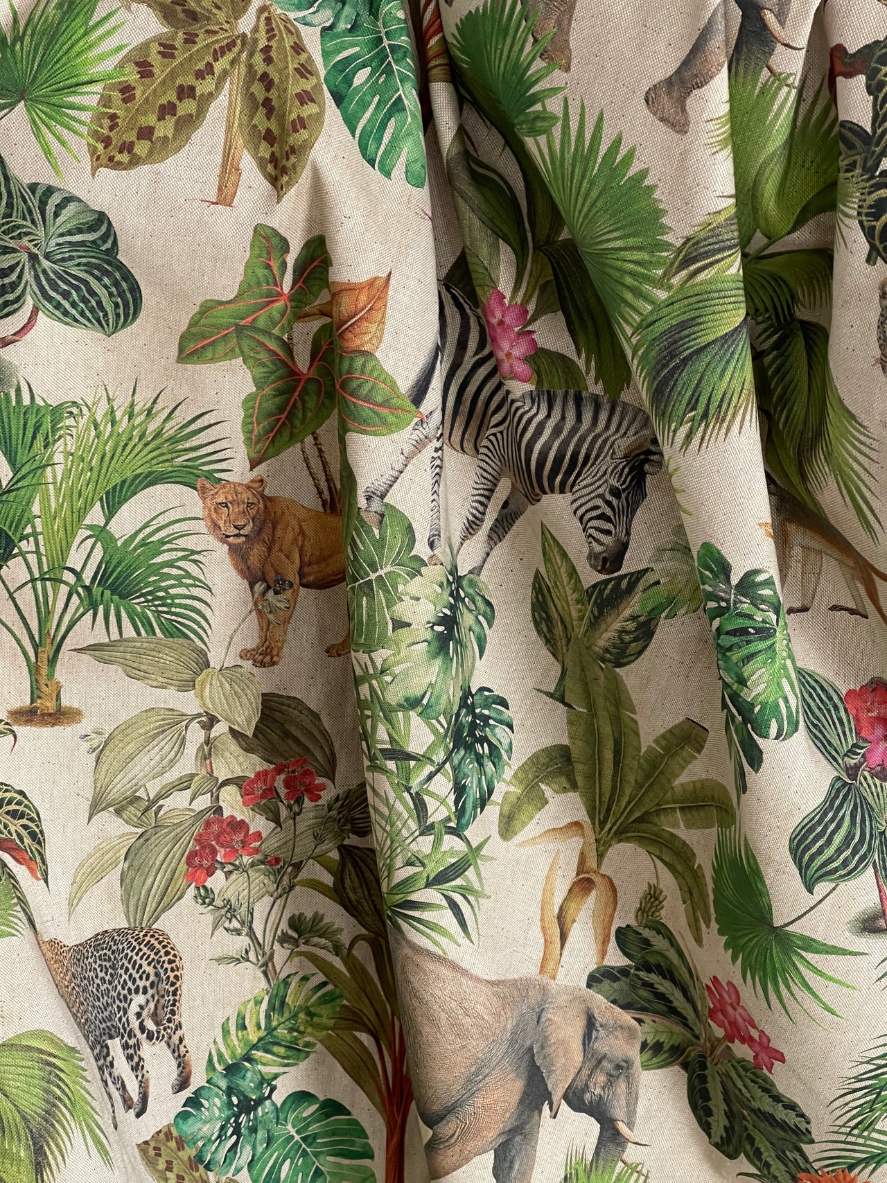 Botanical Jungle Fabric – Grey Linen Look with Safari Animals & Green Palm Trees Zambezi Design