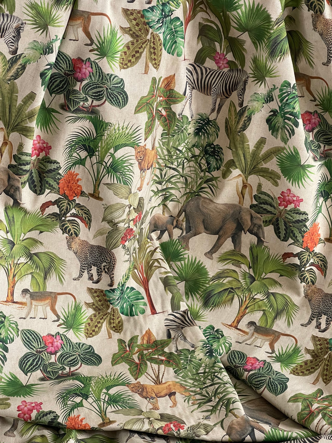 Botanical Jungle Fabric – Grey Linen Look with Safari Animals & Green Palm Trees Zambezi Design