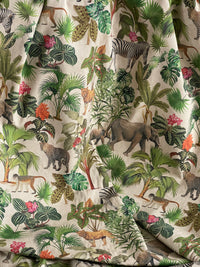 Thumbnail for Botanical Jungle Fabric – Grey Linen Look with Safari Animals & Green Palm Trees Zambezi Design