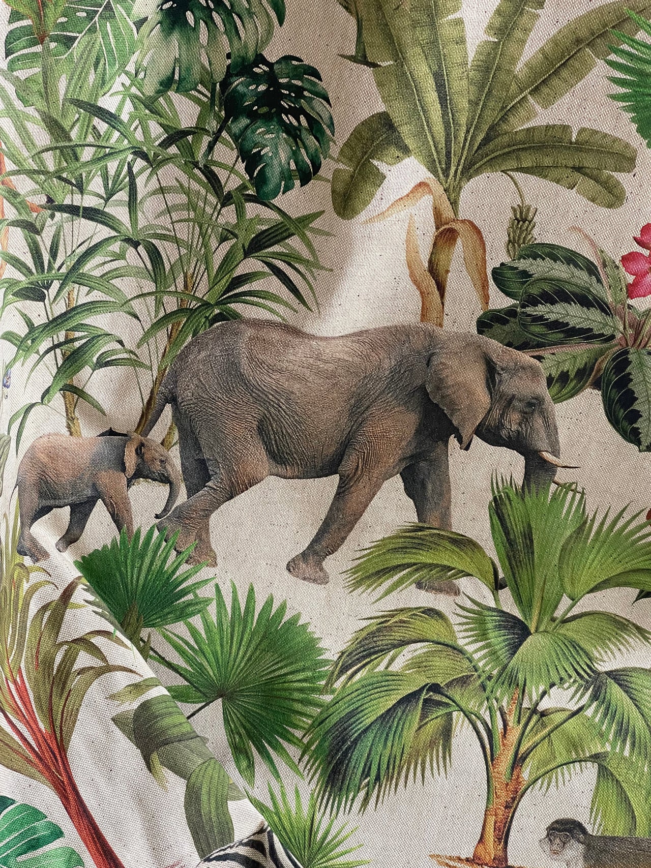 Botanical Jungle Fabric – Grey Linen Look with Safari Animals & Green Palm Trees Zambezi Design