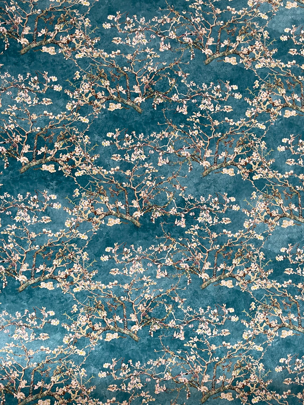 Almond Blossoms Velvet Fabric – Van Gogh Painting in Teal Blue