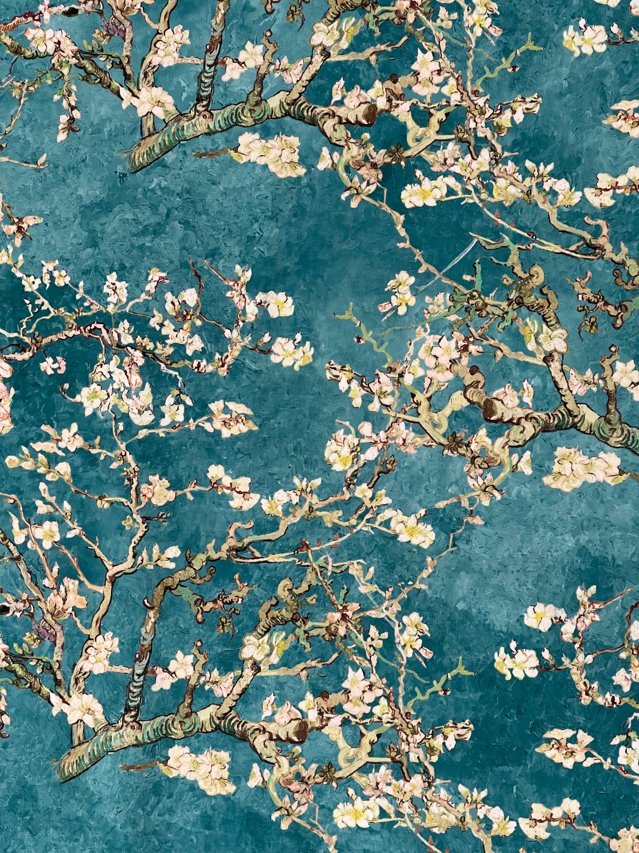 Almond Blossoms Velvet Fabric – Van Gogh Painting in Teal Blue