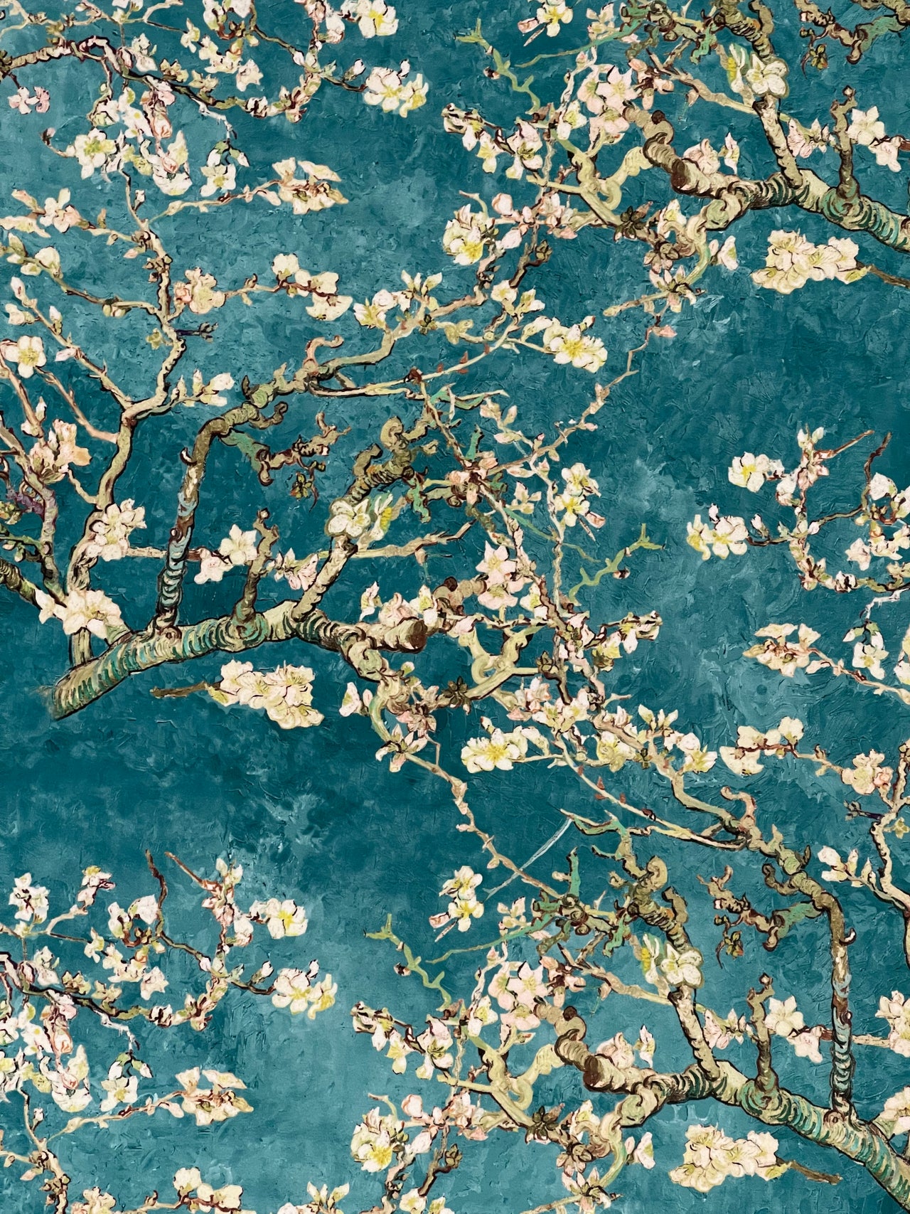 Almond Blossoms Velvet Fabric – Van Gogh Painting in Teal Blue