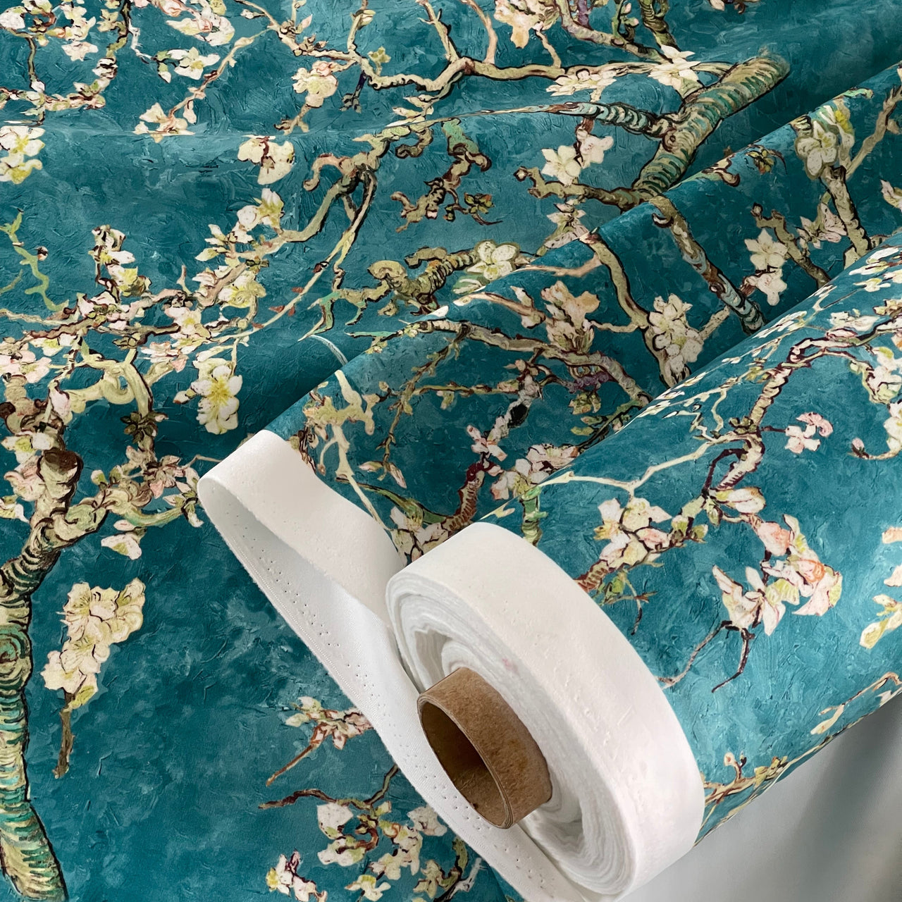 Almond Blossoms Velvet Fabric – Van Gogh Painting in Teal Blue