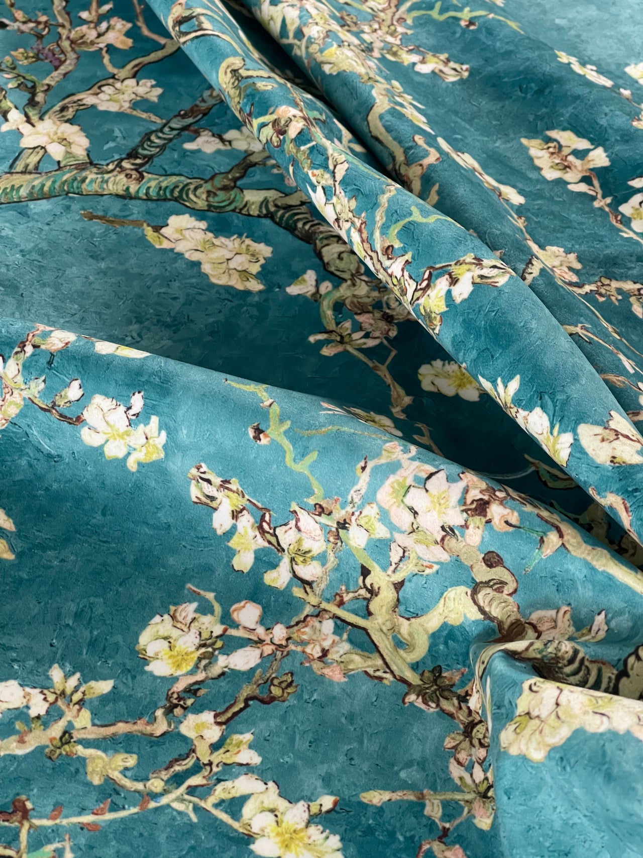 Almond Blossoms Velvet Fabric – Van Gogh Painting in Teal Blue