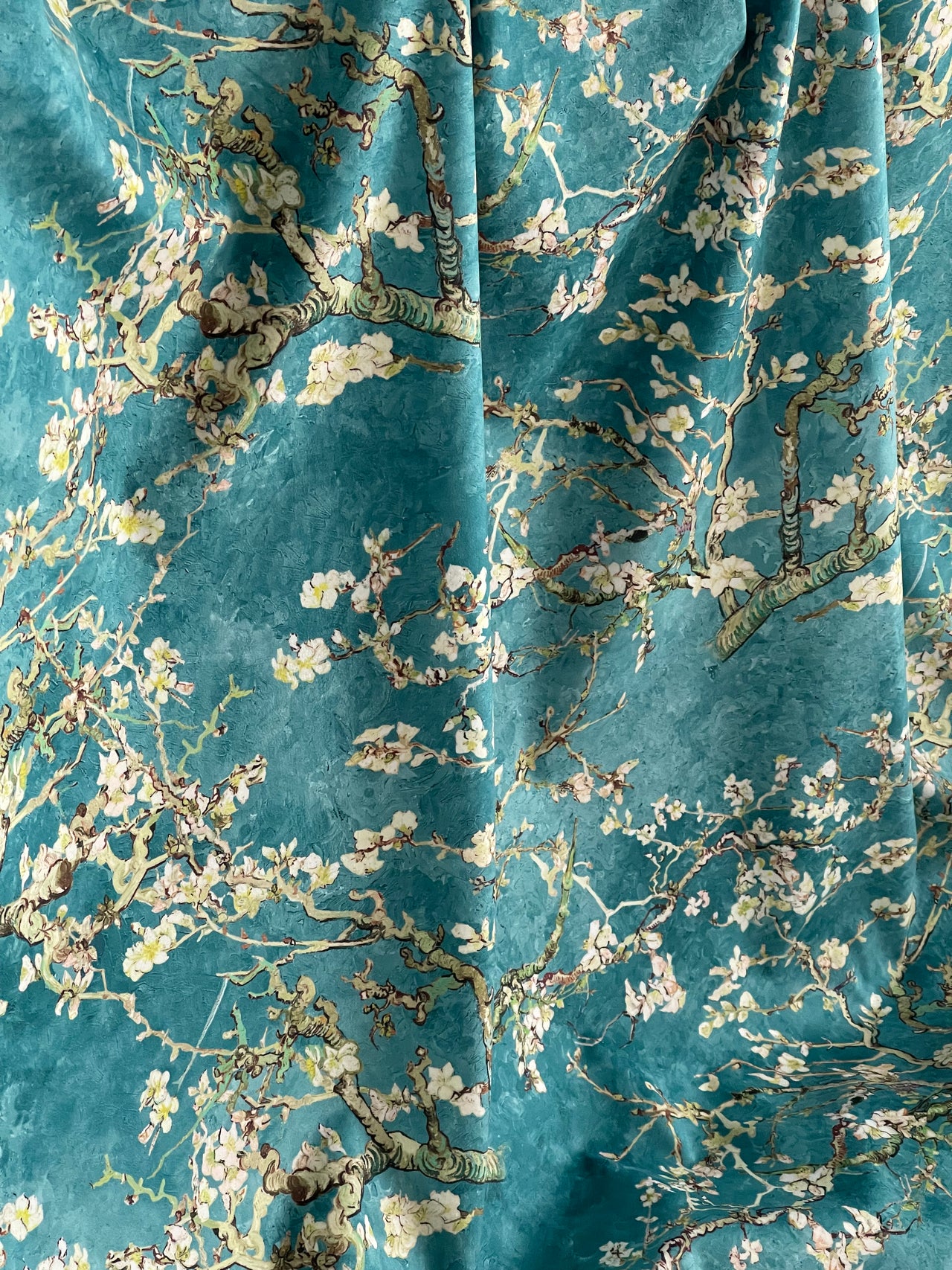 Almond Blossoms Velvet Fabric – Van Gogh Painting in Teal Blue