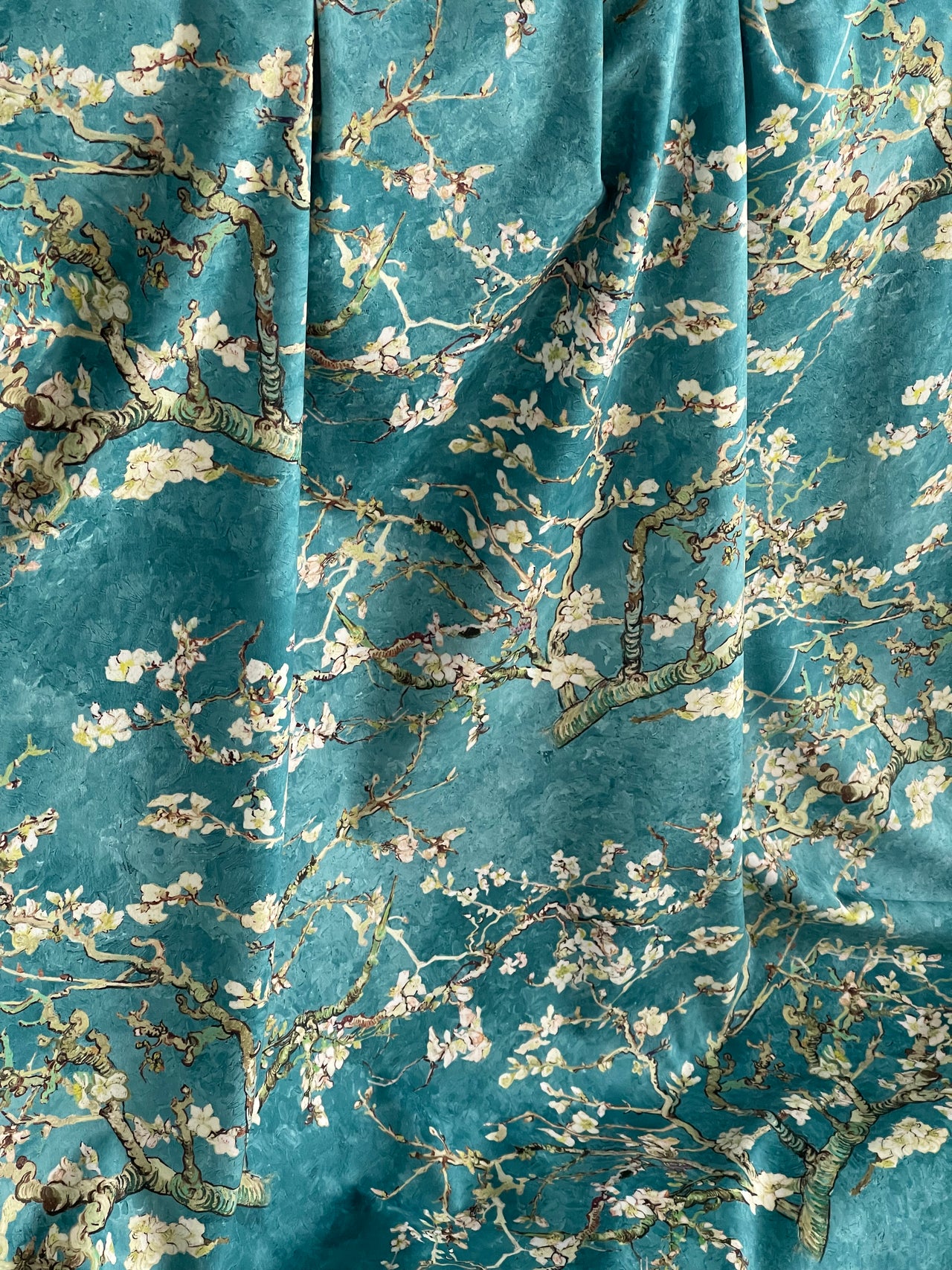 Almond Blossoms Velvet Fabric – Van Gogh Painting in Teal Blue