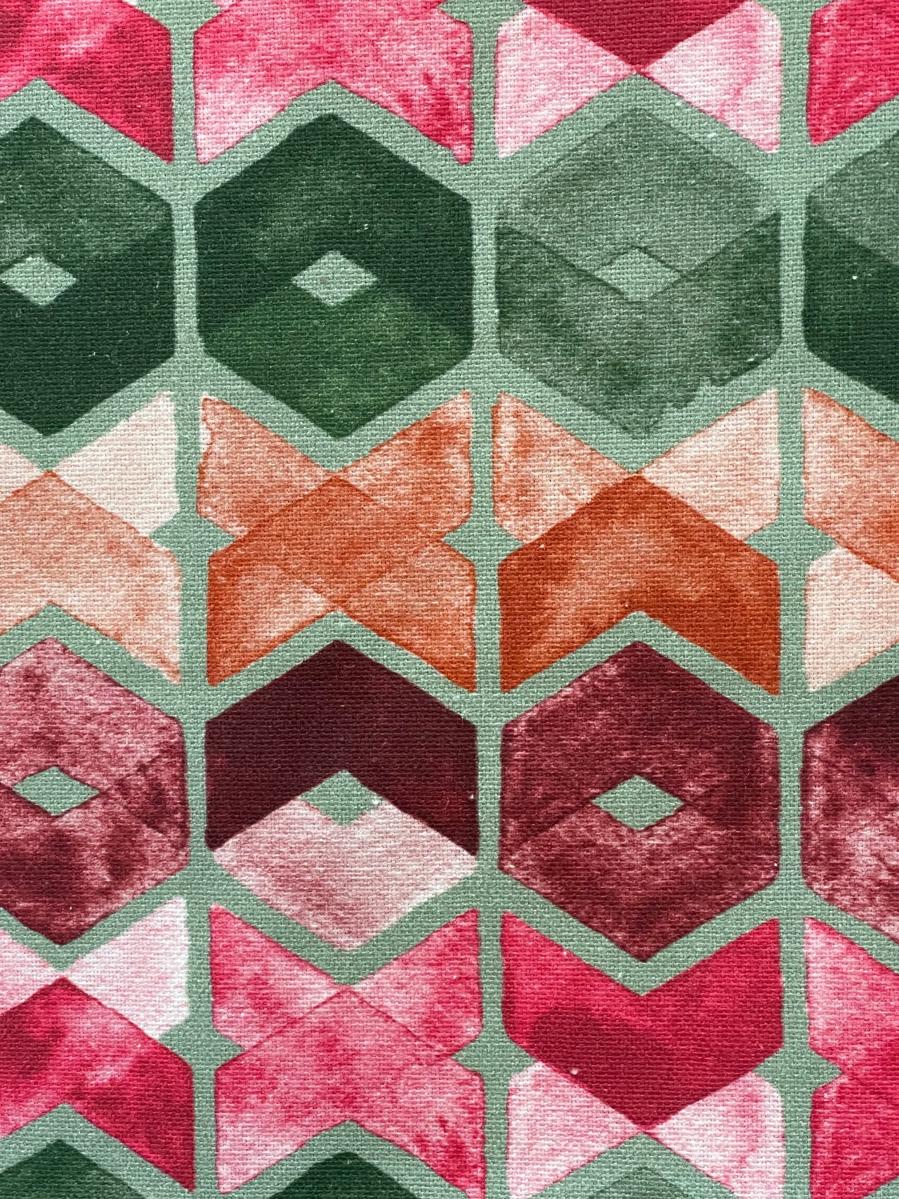 Art Deco Cotton Fabric – Geometric Retro Squares in Green, Pink and Orange for Curtains and Upholstery