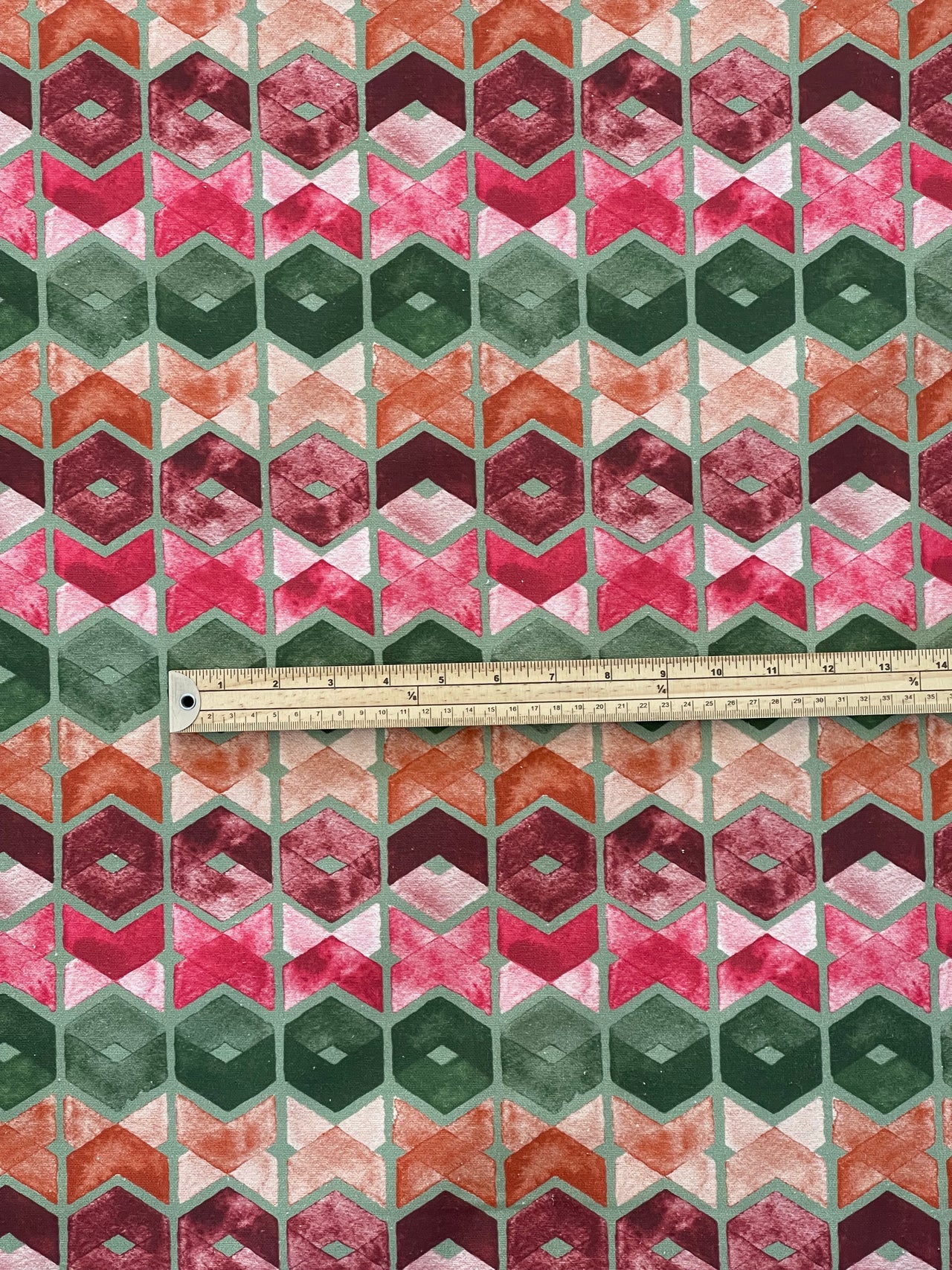 Art Deco Cotton Fabric – Geometric Retro Squares in Green, Pink and Orange for Curtains and Upholstery