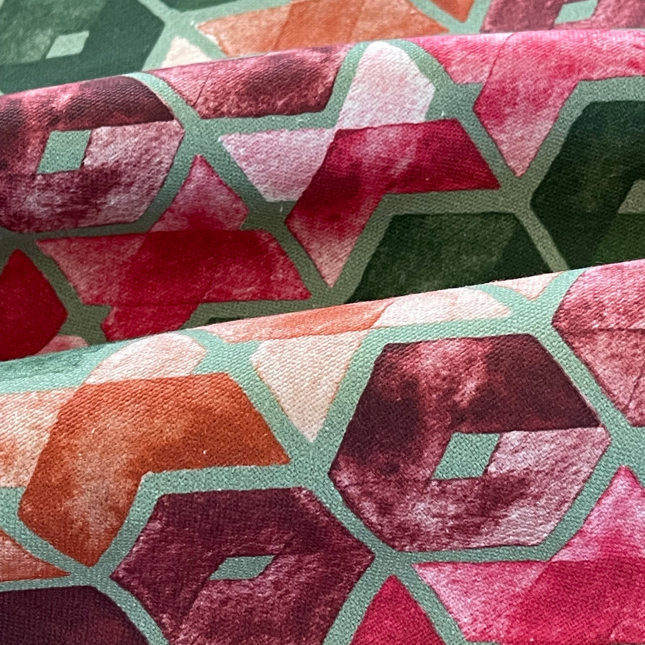 Art Deco Cotton Fabric – Geometric Retro Squares in Green, Pink and Orange for Curtains and Upholstery