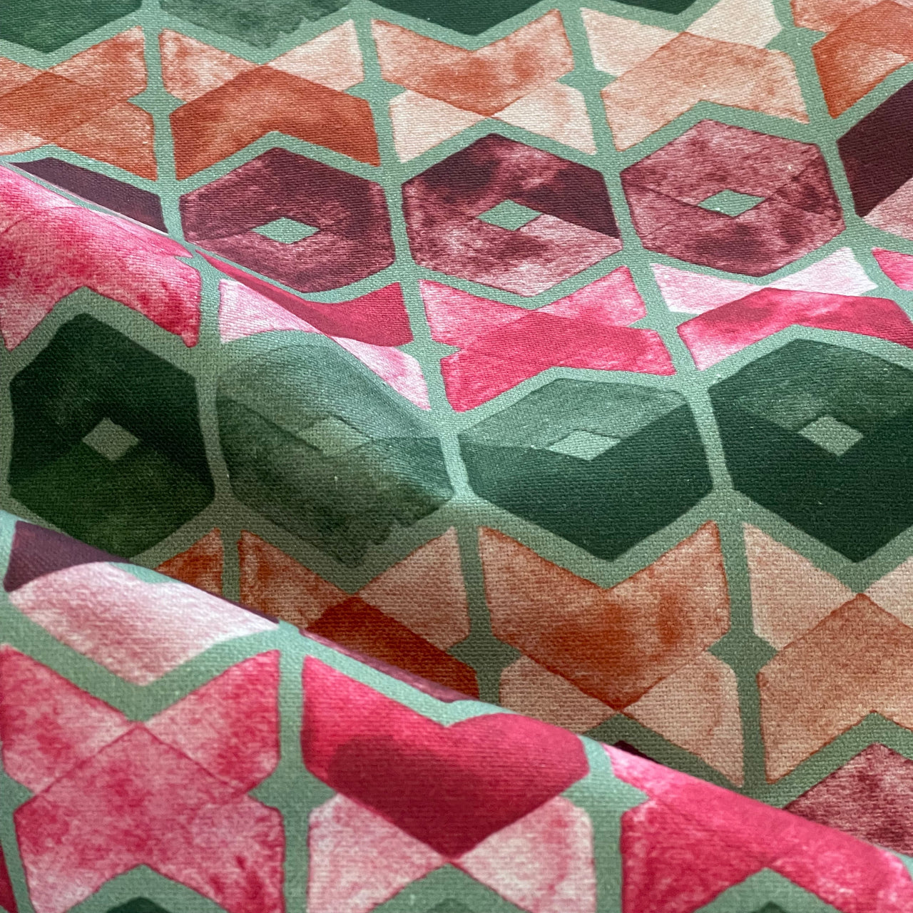 Art Deco Cotton Fabric – Geometric Retro Squares in Green, Pink and Orange for Curtains and Upholstery