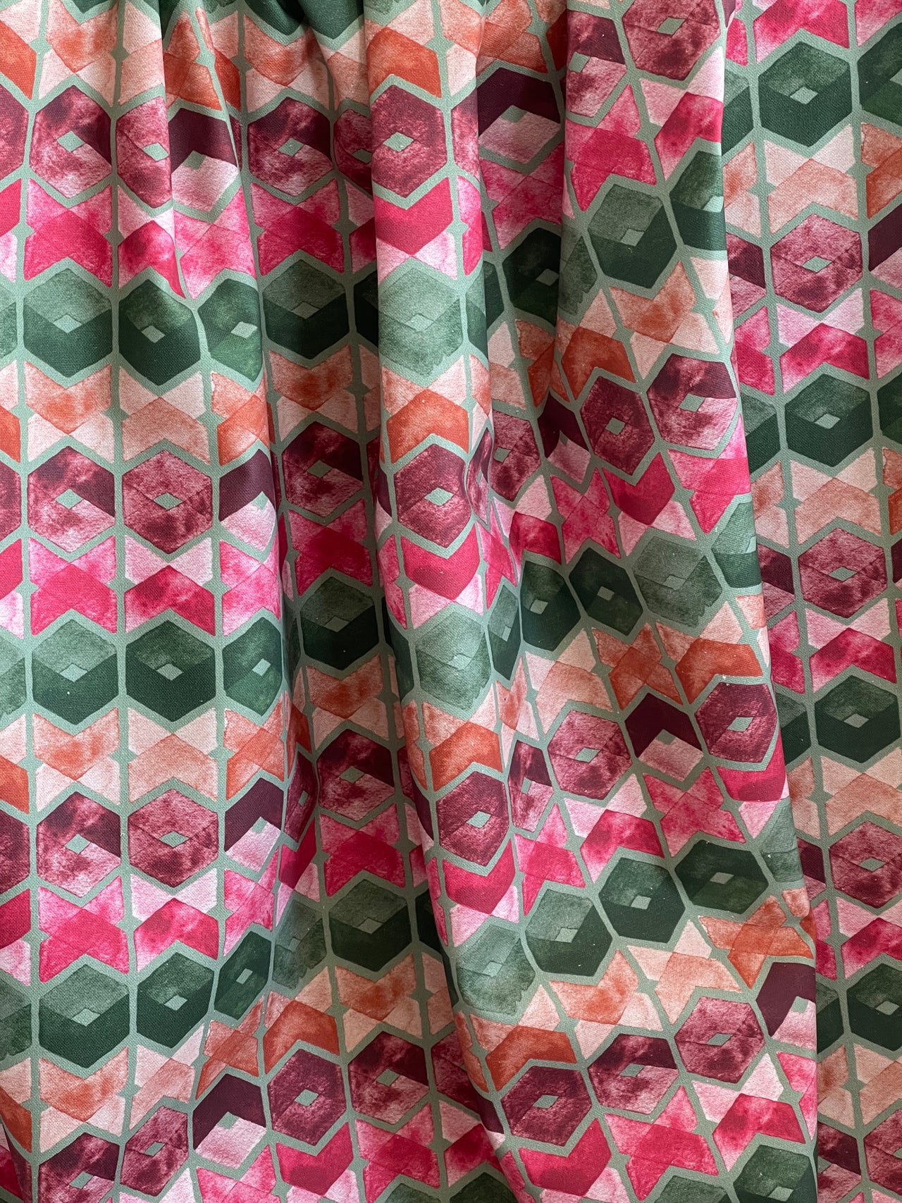 Art Deco Cotton Fabric – Geometric Retro Squares in Green, Pink and Orange for Curtains and Upholstery