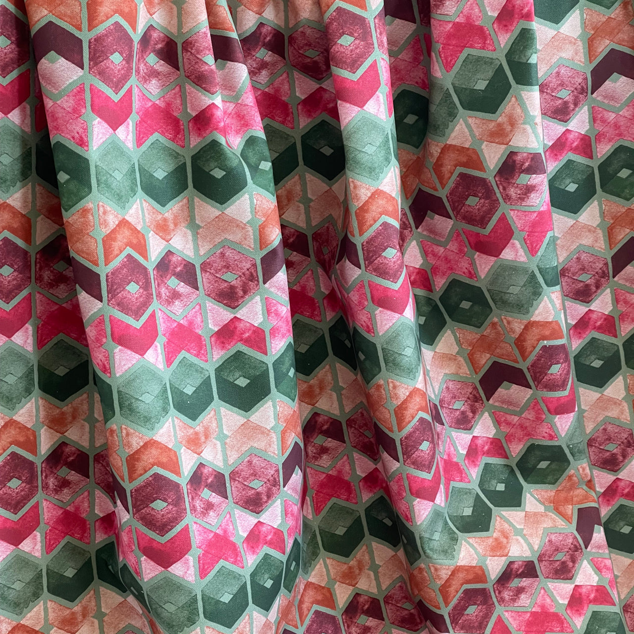 Art Deco Cotton Fabric – Geometric Retro Squares in Green, Pink and Orange for Curtains and Upholstery