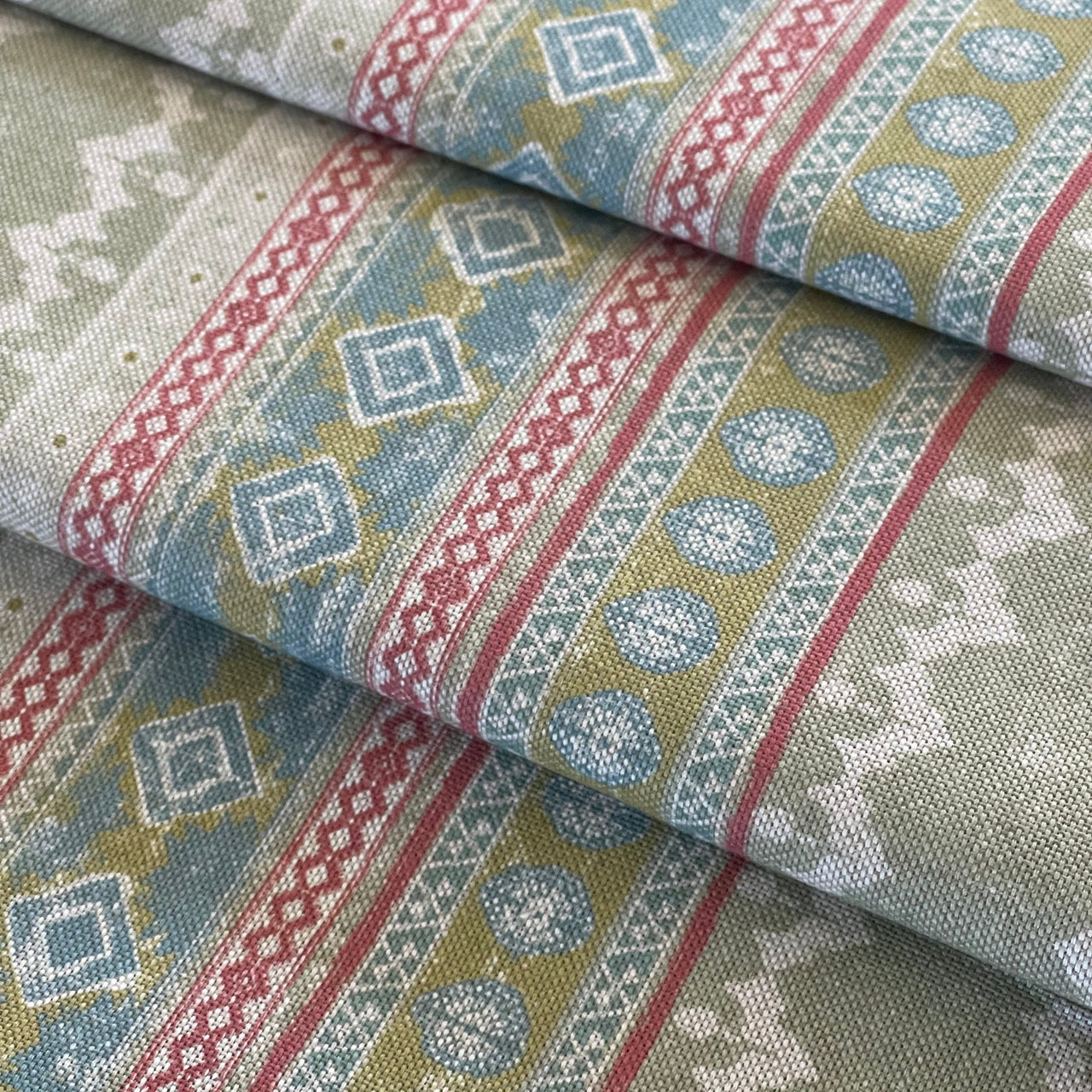 Rustic Striped Fabric –  Soft Red, Blue, Mustard Geometric Country Style Cotton Linen for Home Decor