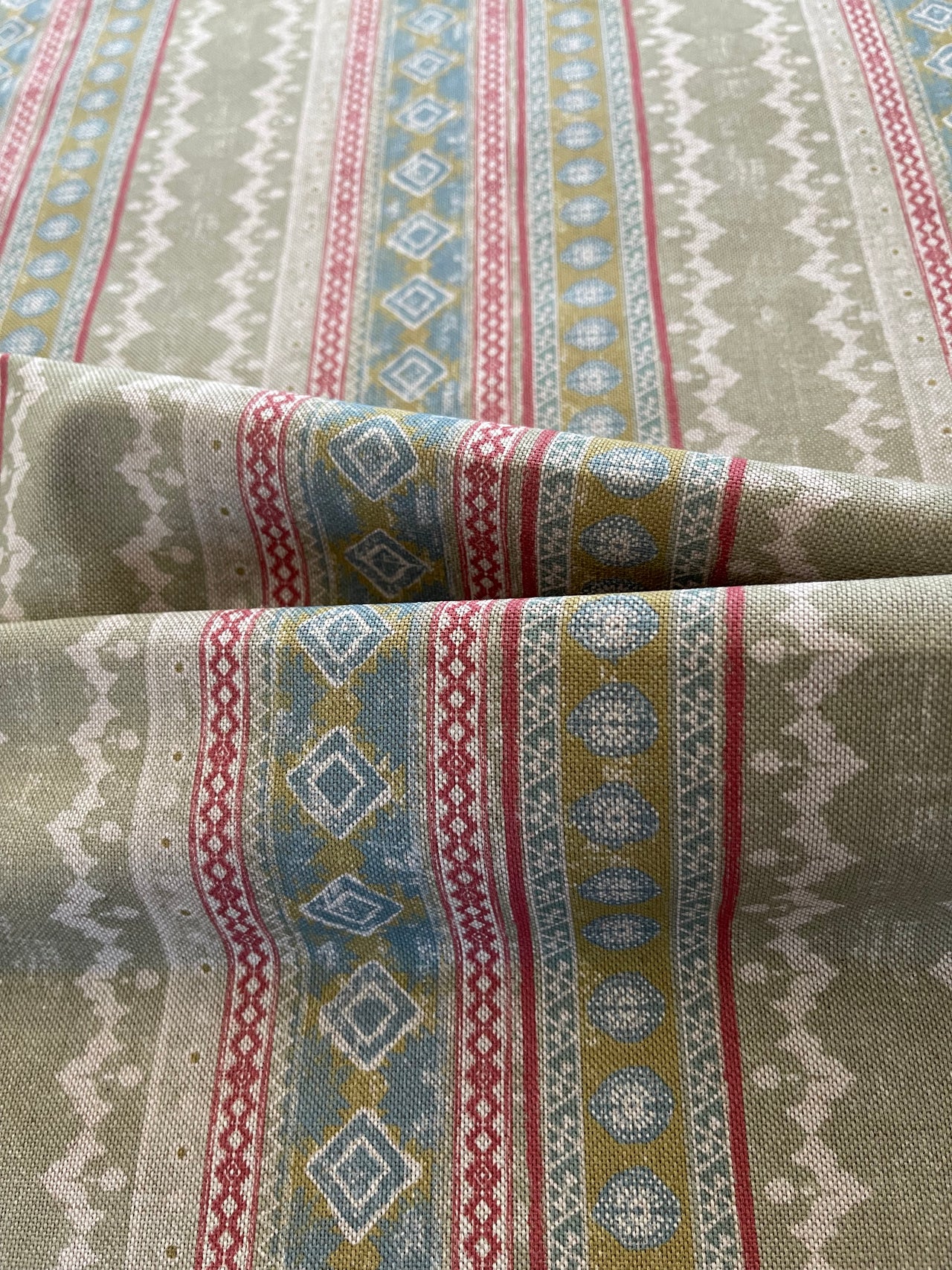 Rustic Striped Fabric –  Soft Red, Blue, Mustard Geometric Country Style Cotton Linen for Home Decor