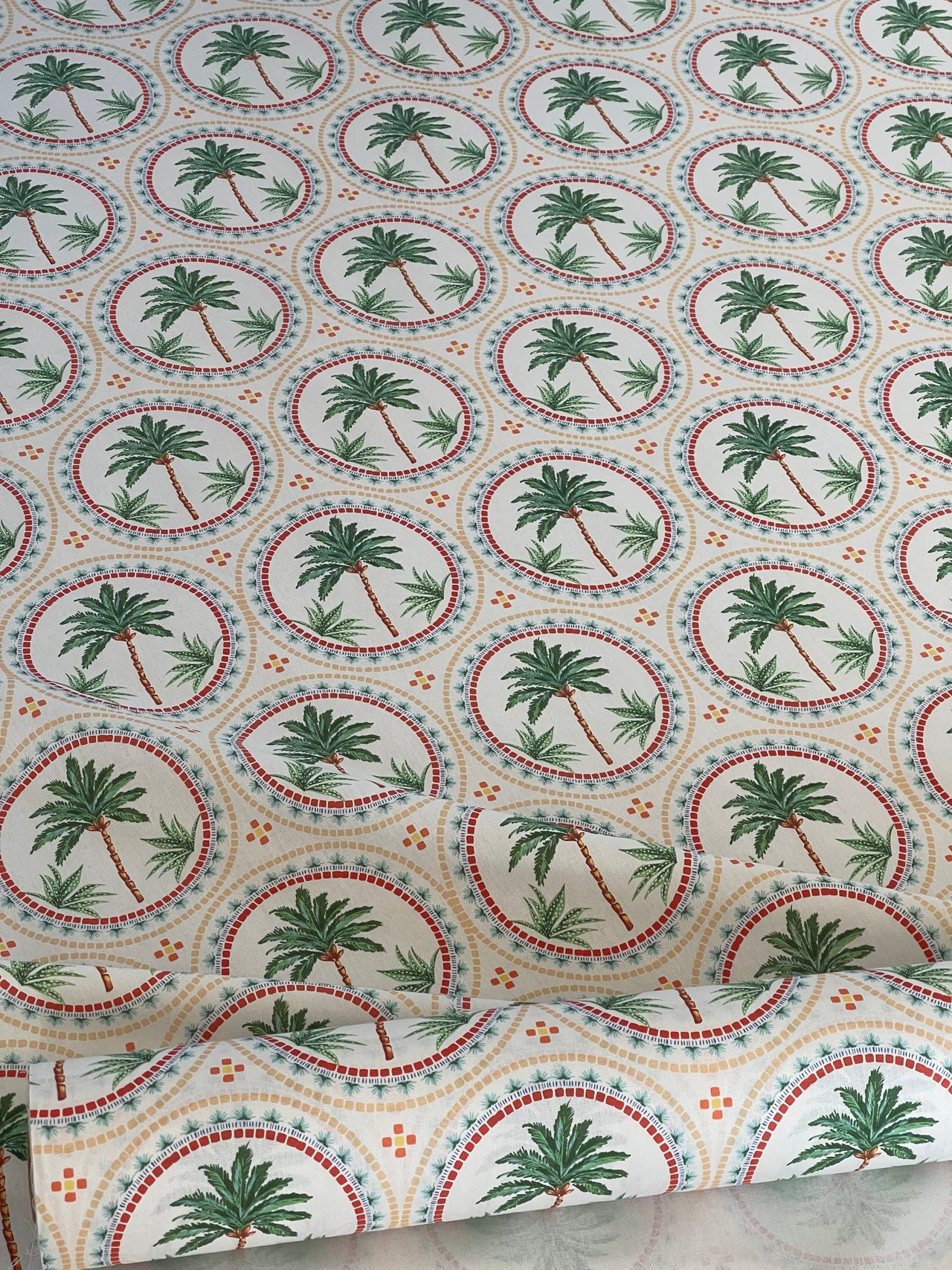 Palm Tree Mosaic Print Fabric - Vibrant Beach Home Decor Material