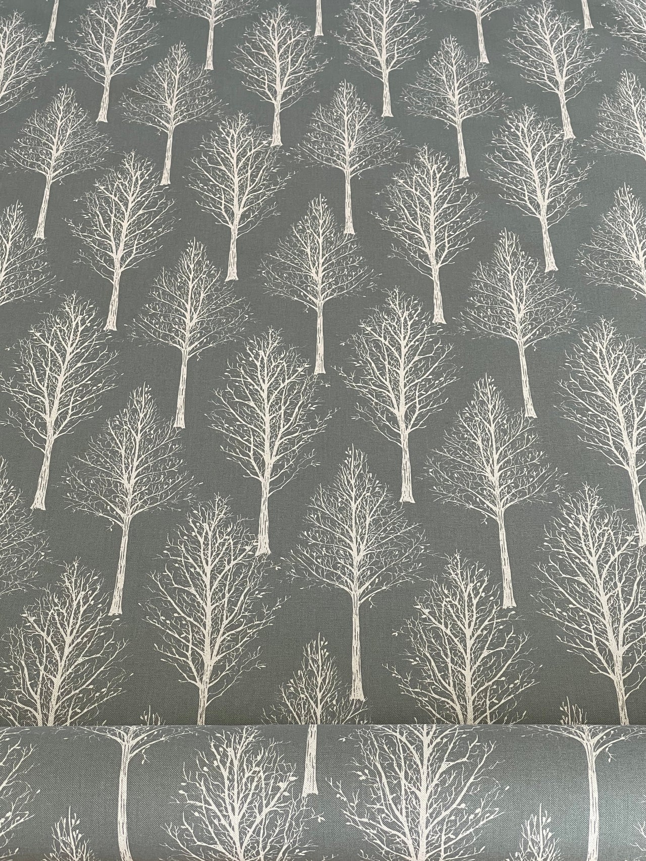Scandinavian Forest Tree Fabric – Green Linen Look Cotton for Home Décor & Upholstery