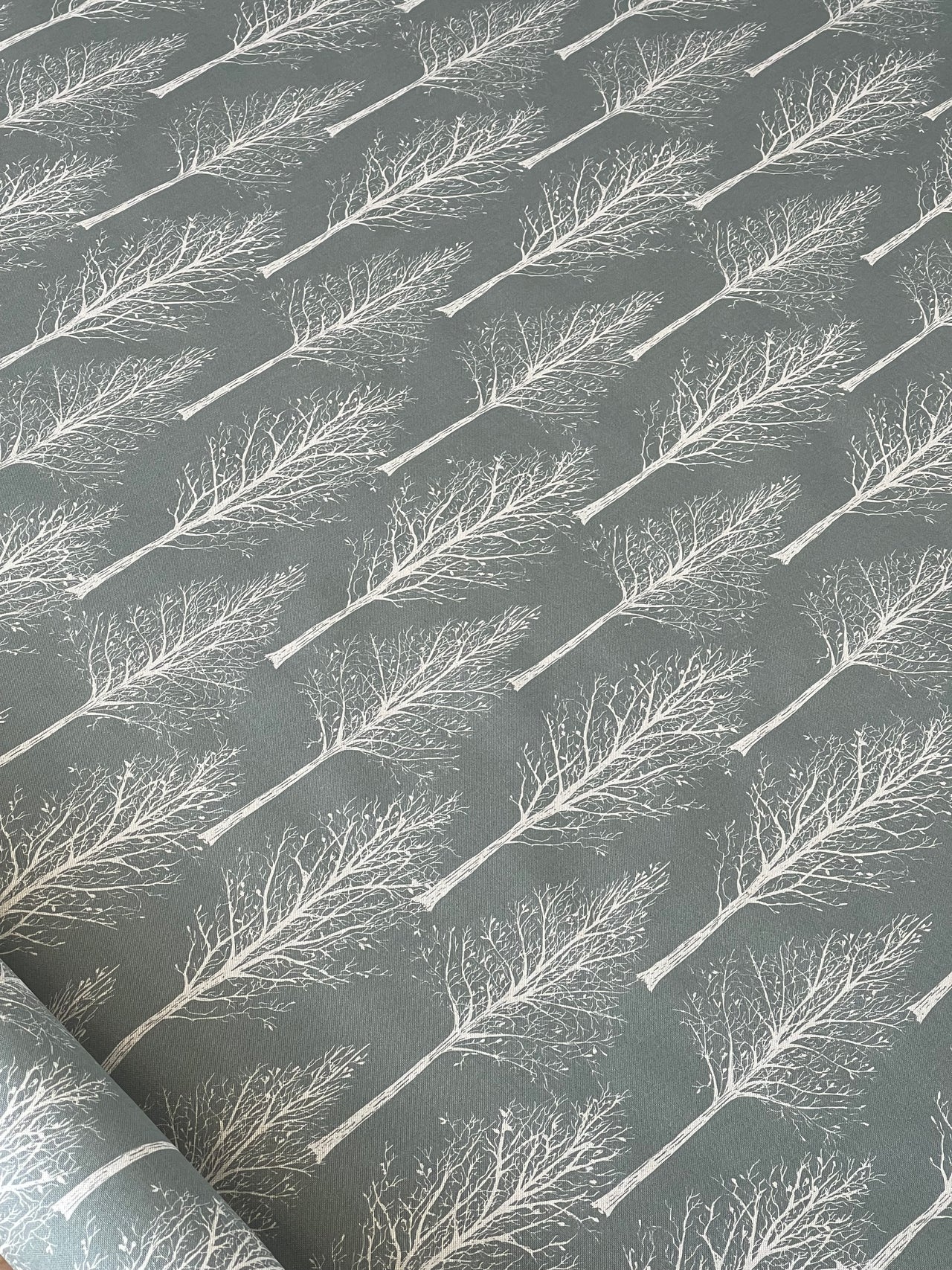 Scandinavian Forest Tree Fabric – Green Linen Look Cotton for Home Décor & Upholstery