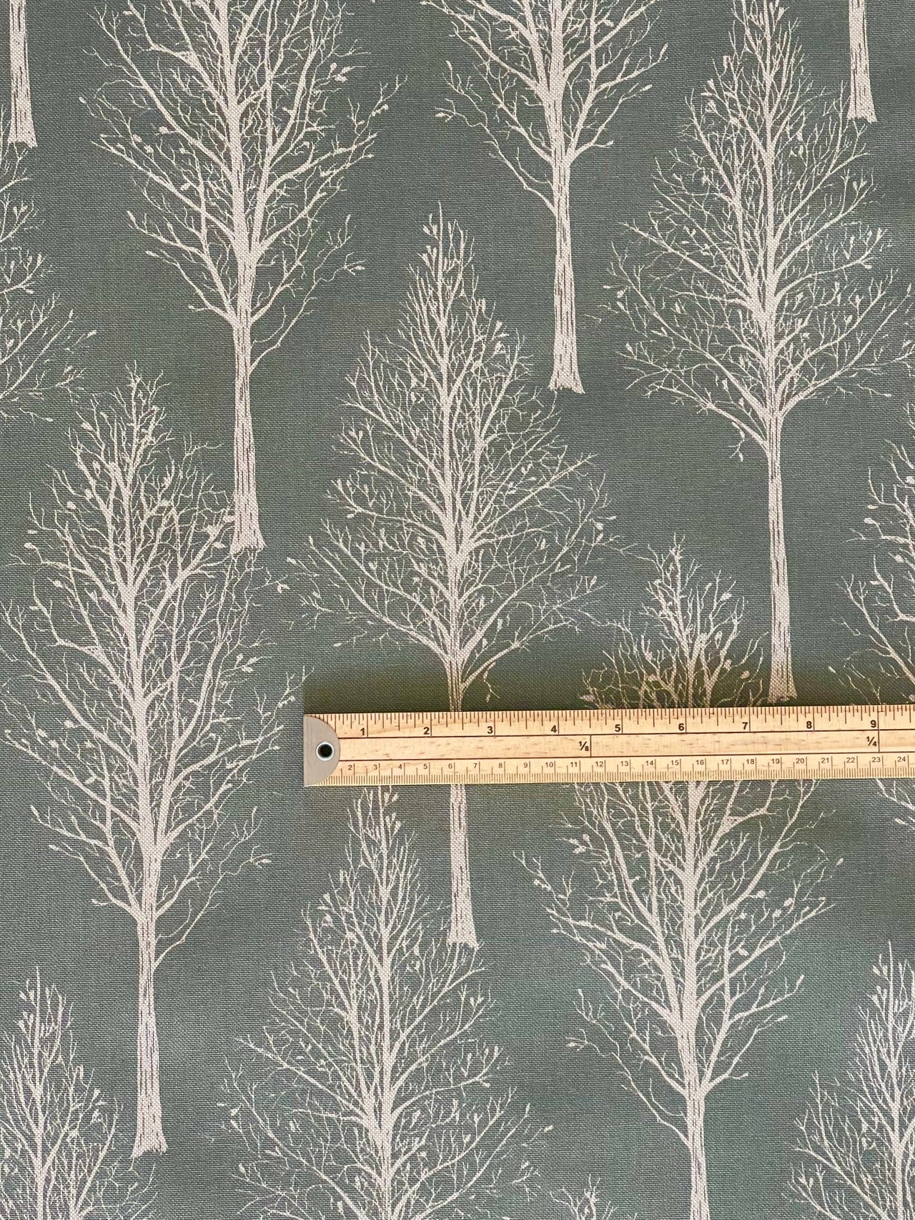 Scandinavian Forest Tree Fabric – Green Linen Look Cotton for Home Décor & Upholstery