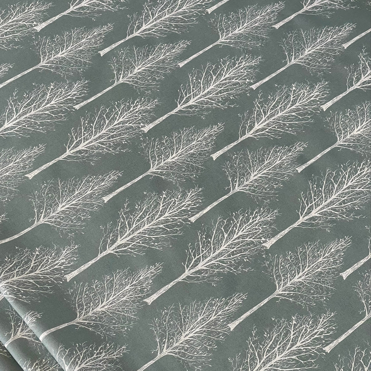 Scandinavian Forest Tree Fabric – Green Linen Look Cotton for Home Décor & Upholstery
